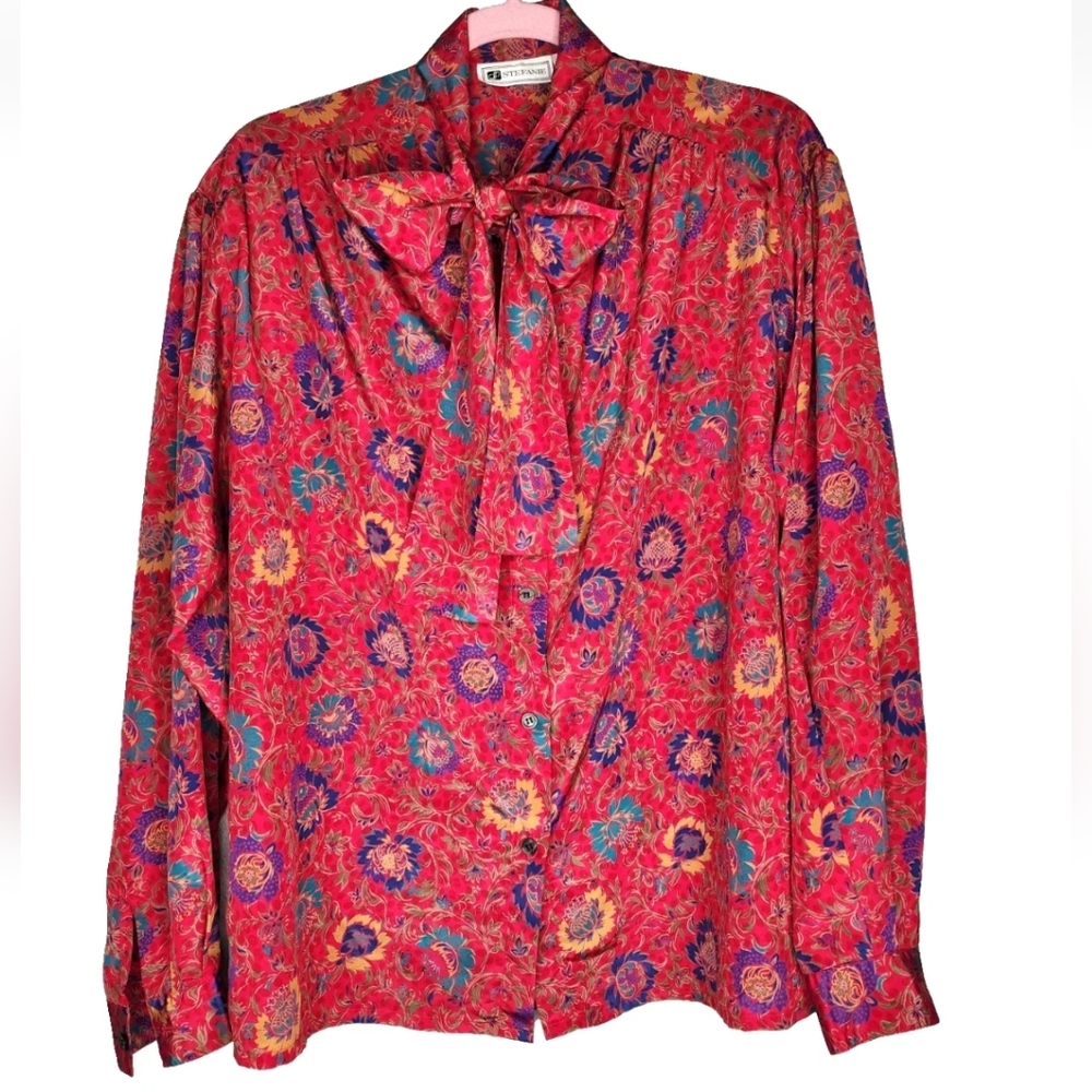 1980s Stephanie Floral Print Vintage Secretary Bow Blouse Size 14